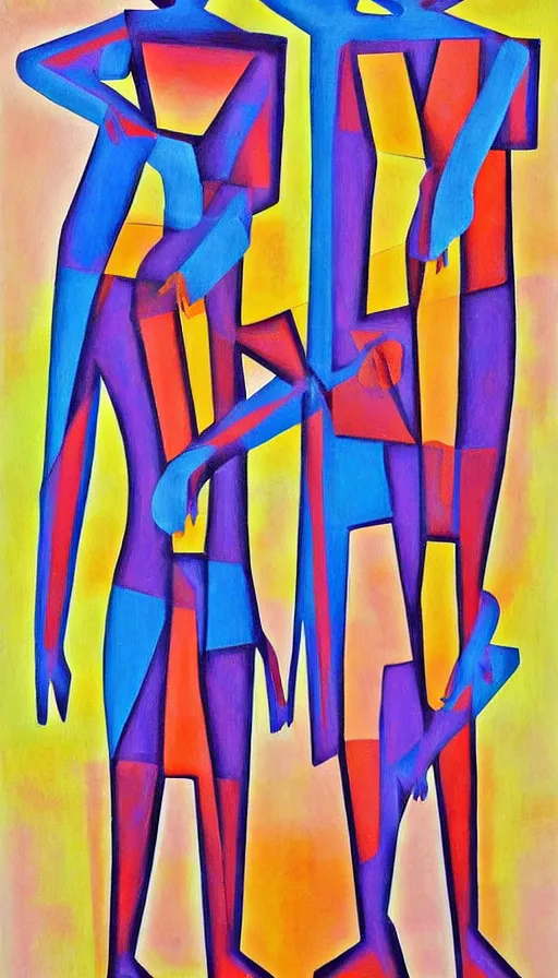 Image similar to neo cubistic painting of two tall figures, very abstract, sandy colors, clear brush strokes, in the style of Jessalyn Brooks