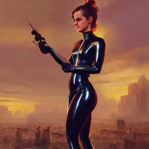 Image similar to highly detailed painting of emma watson wearing a latex suit, gta 5 cover art, stephen bliss, 8 k, by greg rutkowski, artgerm, loish, rhads, global illumination, radiant light, detailed and intricate environment