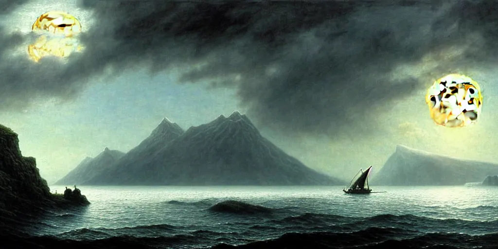 Image similar to lord of the rings scenery landscape, a hobbit out at a staring across the sea from the shore at a white timber sail boat leaving harbour, evening, highly detailed, vivid colour, soft clouds, full moon low in sky, cinematic lighting, perfect composition, gustave dore, derek zabrocki, greg rutkowski, belsinski