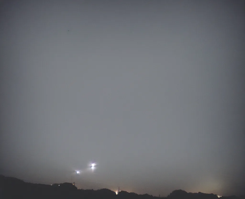 Prompt: 3 5 mm film of explosion in the sky, view from a korean traditional village, camera pans upwards, 4 k, night, fog