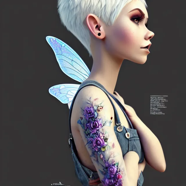 Image similar to full body pose, beautiful adult fairy, pixar, short white hair shaved sides, dirty, grungy, grunge, long sleeve, painted overalls, stacks of giant books, highly detailed, 4 k, hdr, smooth, sharp focus, high resolution, award - winning photo, artgerm, photorealistic