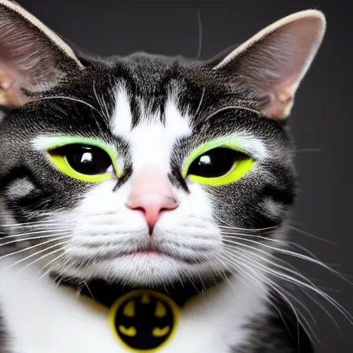 Prompt: a photo of a cat cosplaying as batman, very detailed, 4k
