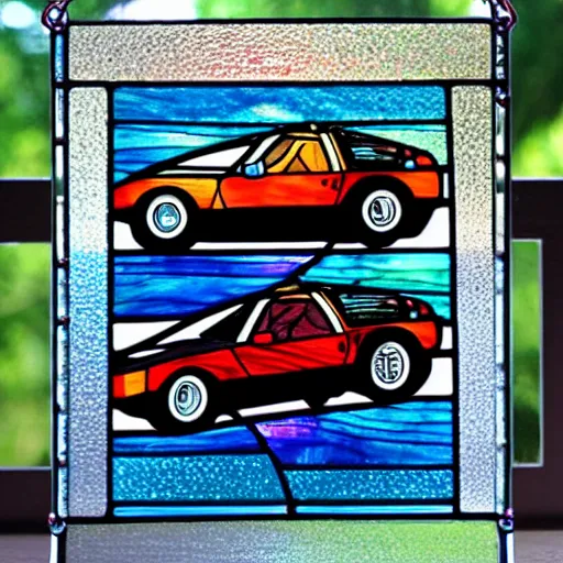 Prompt: stained glass art of a delorean