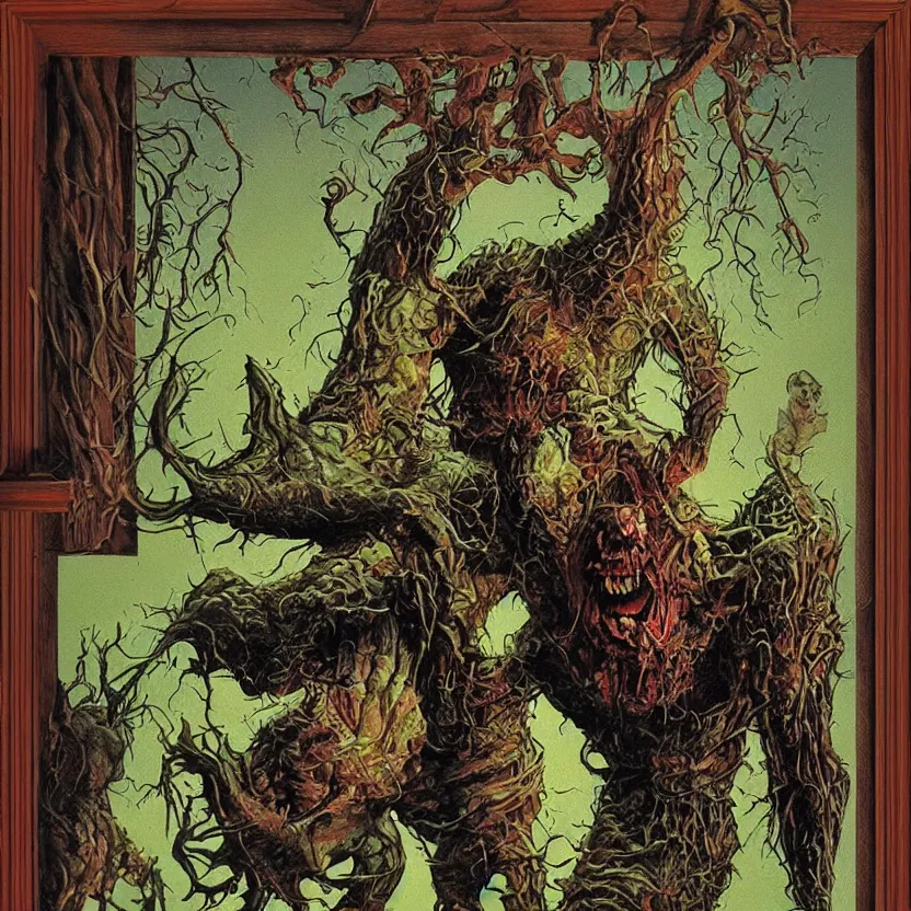 Prompt: a monster reaching through a framed painting. goosebumps cover art by tim jacobus, richard corben. pulp horror art.