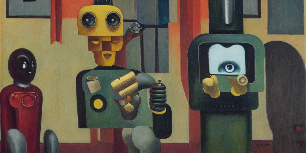 Image similar to devious robot with shifty eyes portrait, lowbrow, pj crook, grant wood, edward hopper, oil on canvas