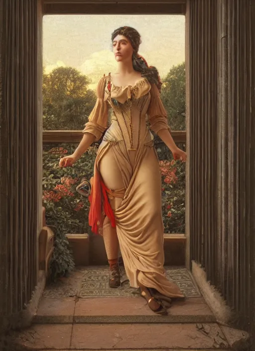 Prompt: intricate oil painting portrait by John William Godward and Anna Dittman depicting a female steampunk explorer in bright outdoor hallway, evening, atmospheric lighting, intricate detail, cgsociety, hyperrealistic, octane render, RPG portrait, ambient light, dynamic lighting