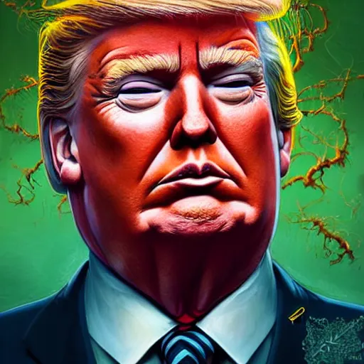 Prompt: a poster design of a close portrait donald trump as the Toxic Avenger, warm color, Highly detailed labeled, poster, peter mohrbacher, featured on Artstation