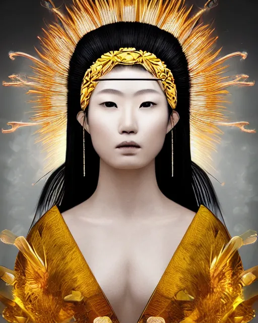 Image similar to hyper realistic portrait photo of beautiful ameterasu the sun goddess of japan, japanese model, portrait shot, intricate detail, glittering sun rays