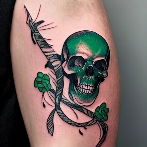 Prompt: dark tattoo and snake wrapping around skull, green acid colors