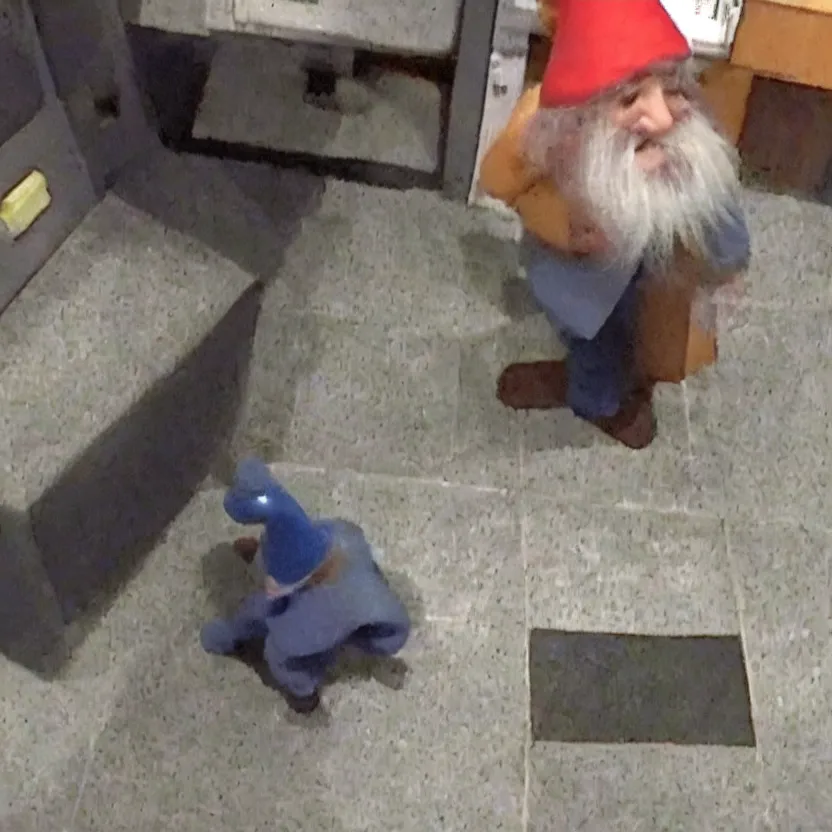 Image similar to cctv footage of a live gnome stealing a socket