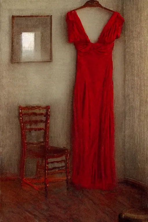 Image similar to an empty red dress laid across a chair in a dark victorian era room. in the style of american impressionism painting.