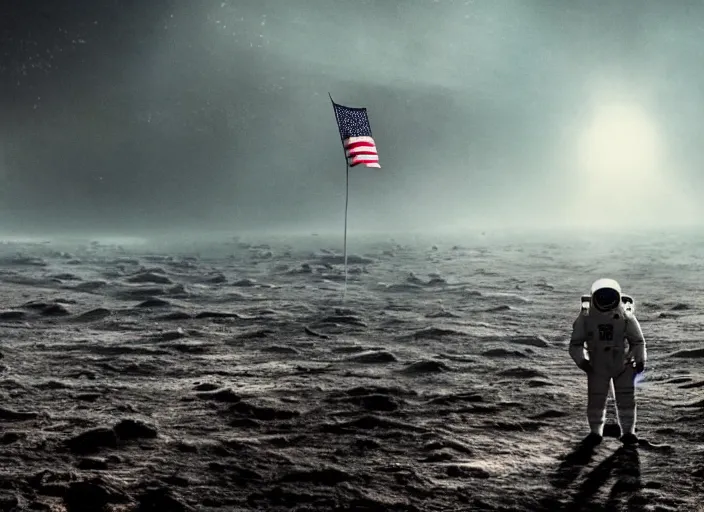 Image similar to astronaut holding a flag in an underwater desert. a submarine is visible in the distance. dark, concept art, cinematic, dramatic, atmospheric, 8 k, trending on artstation, blue, fish, low visibility, fog, ocean floor, christopher nolan, interstellar