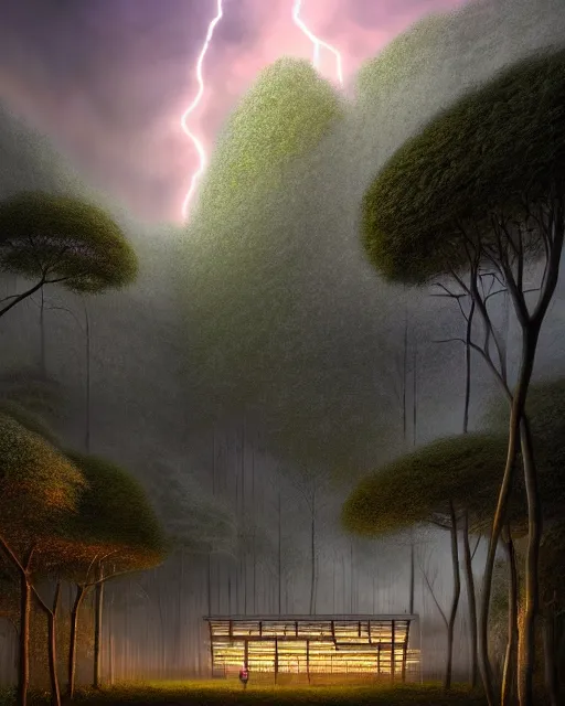 Image similar to a beautiful photorealistic render of unfinished building portal building city by lee madgwick, sci - fi forest myst at dusk magic realism uv light dramatic lightning landscape rainforest studio ghibli at winter, archdaily, wallpaper, highly detailed, trending on artstation.