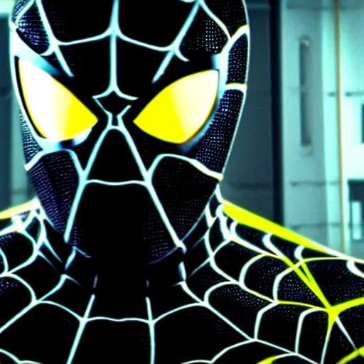 Image similar to black and yellow futuristic depiction of spiderman, large eyes, white webbing, movie still from star wars