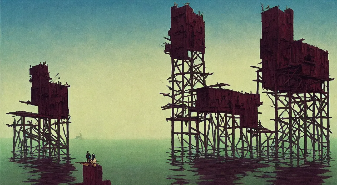 Prompt: single flooded simple wooden tower of flesh, very coherent and colorful high contrast!! masterpiece by rene magritte simon stalenhag carl spitzweg syd mead norman rockwell edward hopper james gilleard, minimalist, dark shadows, sunny day, hard lighting
