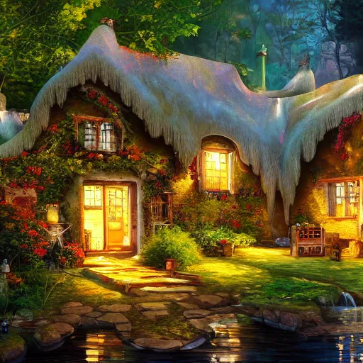 Image similar to cottage on waterfall cryengine render by android jones, james christensen, rob gonsalves, leonid afremov and tim white