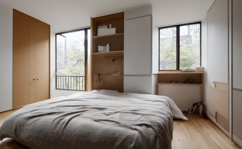 Prompt: interior of a compact minimalist bedroom in an apartment building, bed, ocher wall, cupboards, japanese design, swedish design, natural materials, pine wood, earth colors, feng shui, white, beige, bright, windows with a view of a green park, modernist, 8 k