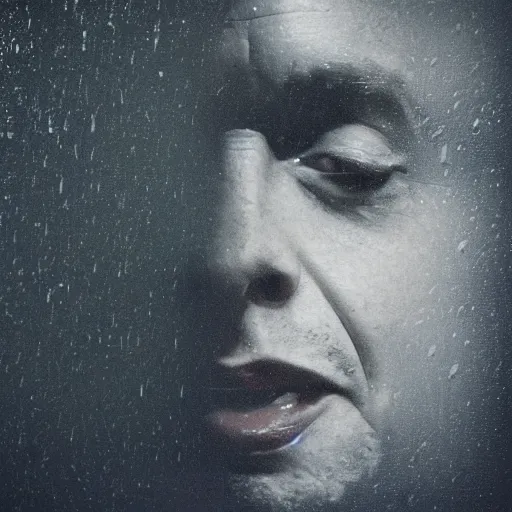 Image similar to dark photo of dark blue rainy bedroom window at night, dimly lit creepy ( ( ( ( ( contorted distorted ) ) ) ) ) face of elon musk staring in through the window, horror, scary face, demonic face,