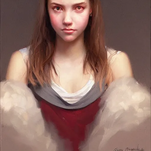 Image similar to Facial portrait of a pretty young cute girl, looking at the camera, slight awkward smile, lips slightly parted, no hands visible, extremely detailed painting by Greg Rutkowski and by Henry Justice Ford and by Steve Henderson