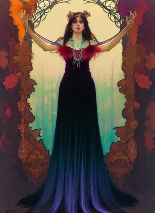 Image similar to ombre velvet gown, feathers, vivid colors, lovely dark autumn princess, portrait, long hair, tiara, jeweled choker, by alphonse mucha, brom, greg rutkowski, anato finnstark