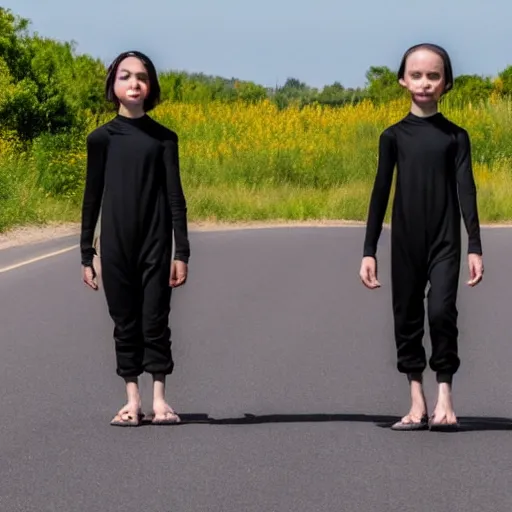 Image similar to a photo of two small humanoid aliens wearing tight black jumpsuits walking in a country road, creepy, highly realistic, summer day