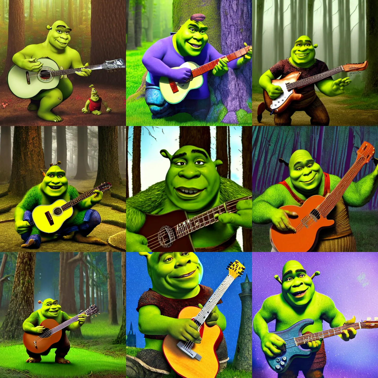 Prompt: shrek playing on guitar in rainy forest