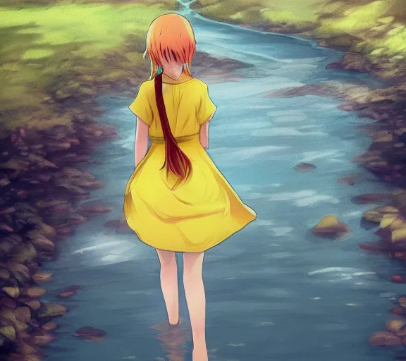 Prompt: a cute girl wearing a yellow sundress, she is walking near a river, anime art, hd, smooth