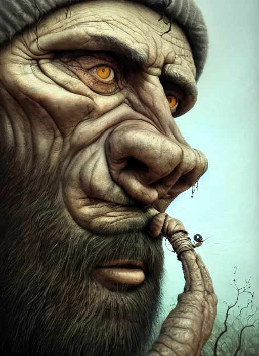 Prompt: gediminas pranckevicius | close up portrait of a monster in the sinister valley of despair, siniter facem beard, rugged face, droping poping eye,, oil painting by tomasz jedruszek, cinematic lighting, pen and ink, intricate line, hd, 4 k, million of likes, trending on artstation pus