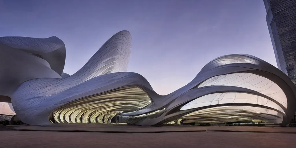 Prompt: extremely elegant smooth detailed stunning sophisticated beautiful elegant futuristic museum exterior by Zaha Hadid, Milan buildings in the background, smooth curvilinear design, stunning volumetric light, stainless steal, concrete, translucent material, beautiful sunset, tail lights