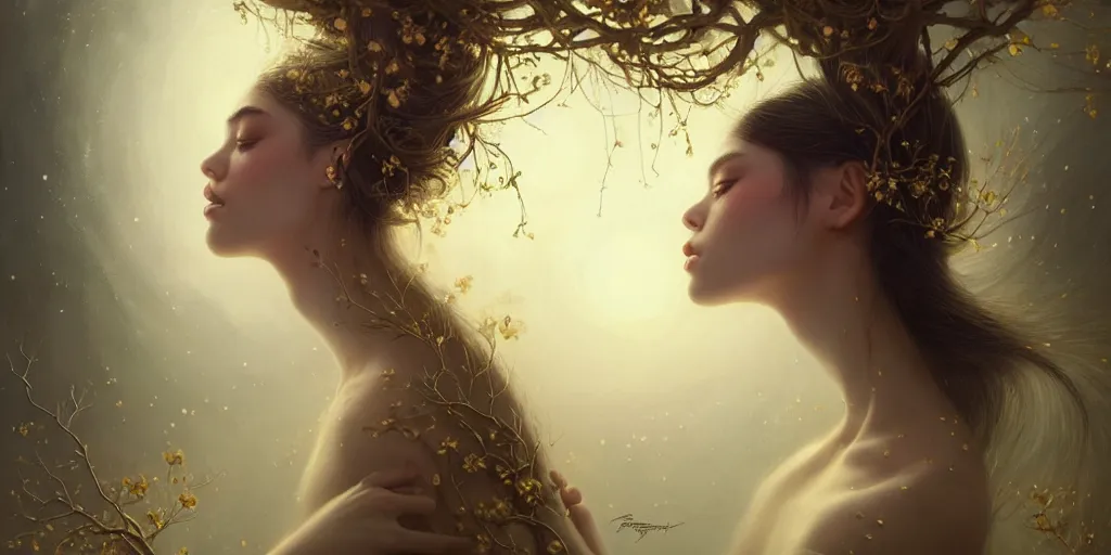 Prompt: breathe into euphoria madison beer with a branches growing from her head, alterd carbon, geisha, dreamy ethereal vibe,, atmospheric, detailed intricate render, fibbonacci, detailed illustration, hd, 4 k, digital art, overdetailed art, gold, surrealistic, by greg rutkowski, by loish, trending on artstation, deviantart