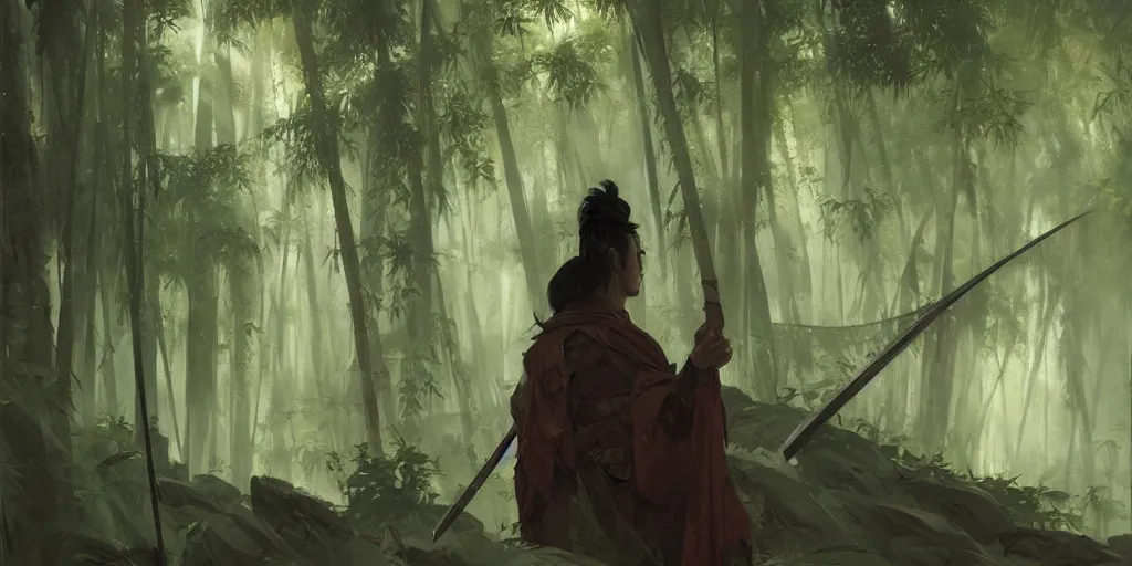 Image similar to hyper realistic yasuo the ancient swordsman gazing upon the world he has created while its raining in a bamboo forest, greg rutkowski, brom, james gurney, mignola, craig mullins, alan lee