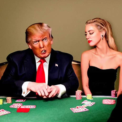 Prompt: donald trump and amber heard playing poker at night