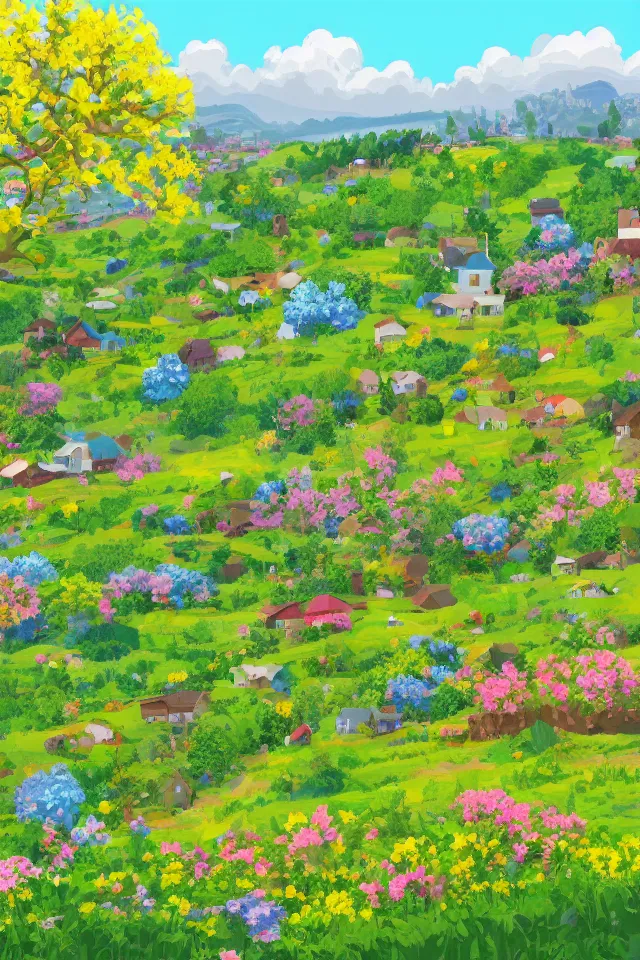 Prompt: a countryside in spring, green hills and blue sky with patches of clouds, nature in all its beauty, some houses in the background, star - shaped flowers in the foreground, digital painting, pixel art, detailed,