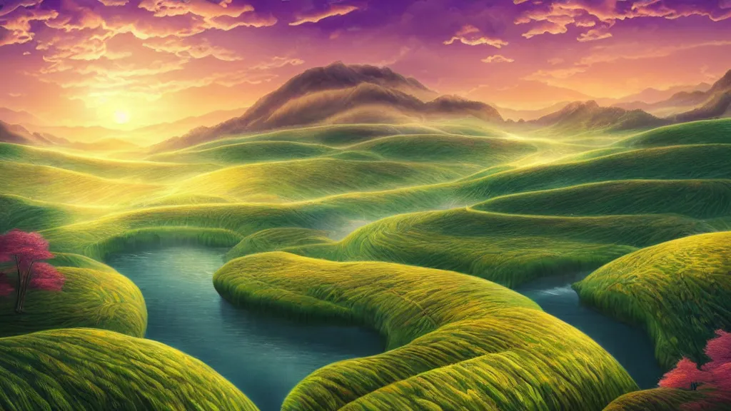 Image similar to digital painting of a lush sinuous river valley by. river. sunset. chiho aoshima. digital render. detailed. beautiful landscape.