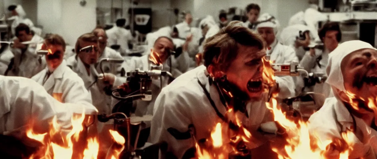 Prompt: filmic closeup dutch angle movie still 4k UHD 35mm film color photograph of a crowd of doctors being burned alive, screaming in agony, inside of a science lab , in the style of a 1980s horror film