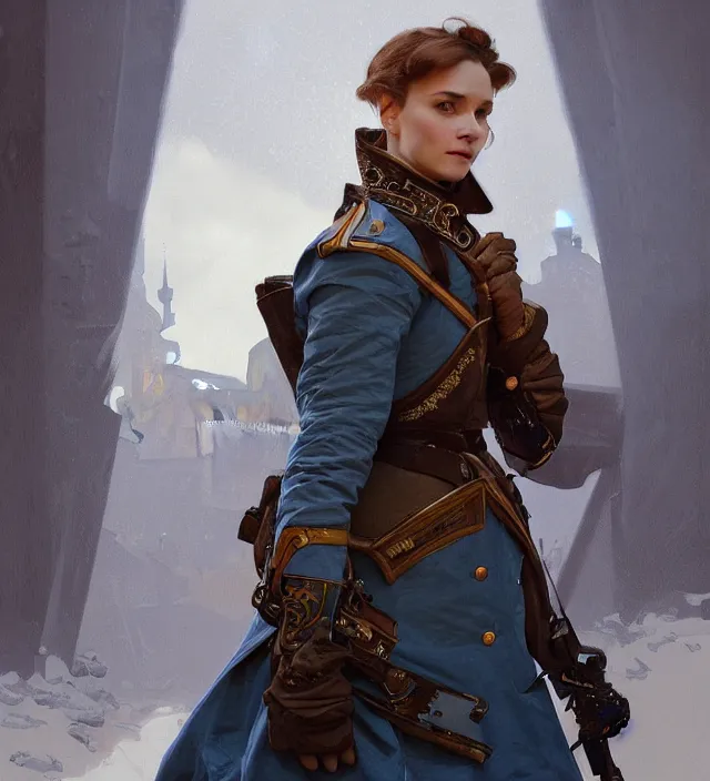 Image similar to portrait of a czech woman wearing a blue traditional nineteenth century military jacket, metal shoulder pauldrons, intricate, highly detailed, digital painting, artstation, concept art, sharp focus, cinematic lighting, illustration, art by artgerm and greg rutkowski, alphonse mucha, cgsociety