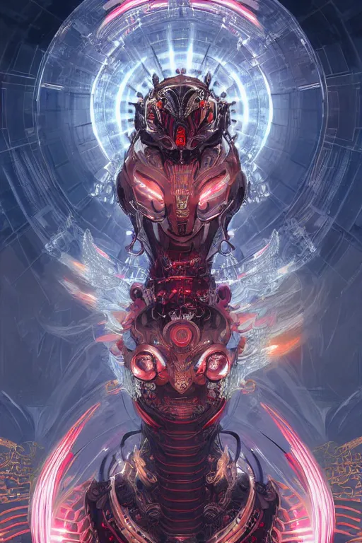 Image similar to asura from chinese myth, ghost, mecha, symmetrical. sci - fi, tech wear, glowing lights, intricate, elegant, highly detailed, digital painting, highly detailed, digital painting, artstation, concept art, smooth, sharp focus, illustration, art by artgerm and greg rutkowski and alphonse mucha