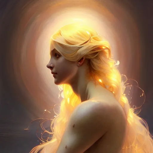 Image similar to Portrait of a girl with blonde hair, a glowing halo, a sheer translucent vale, huge highly detailed wings, fantasy, intricate, elegant, highly detailed, digital painting, artstation, concept art, smooth, sharp focus, illustration, art by Krenz Cushart and Artem Demura and alphonse mucha