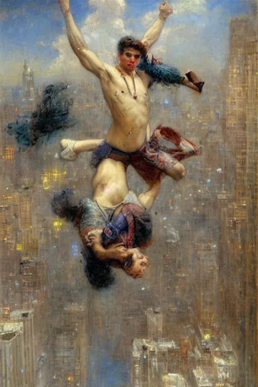 Image similar to painting of a young man flying through new york city. his hands stretched to the side. the city is alive beneath him. art by gaston bussiere.