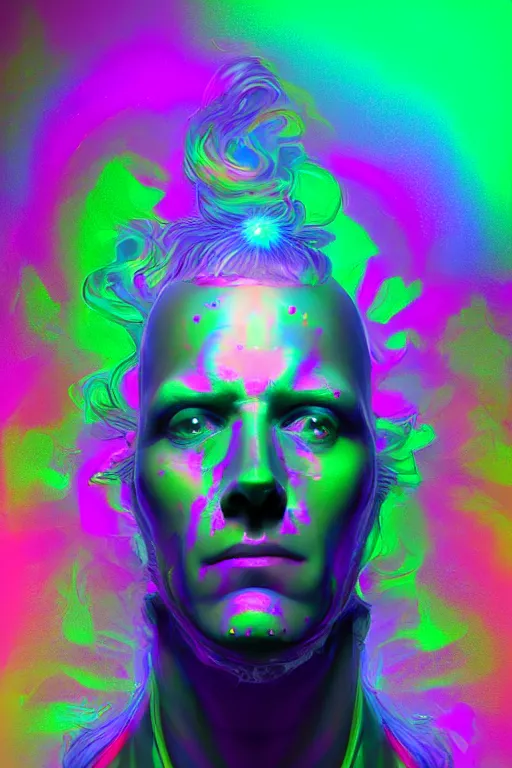 Image similar to portrait of a hyperdimensional jester, neon rainbow quartz, 4k detailed hyperrealistic digital photo by Beeple, Gustave Dore, Artstation, CGsociety