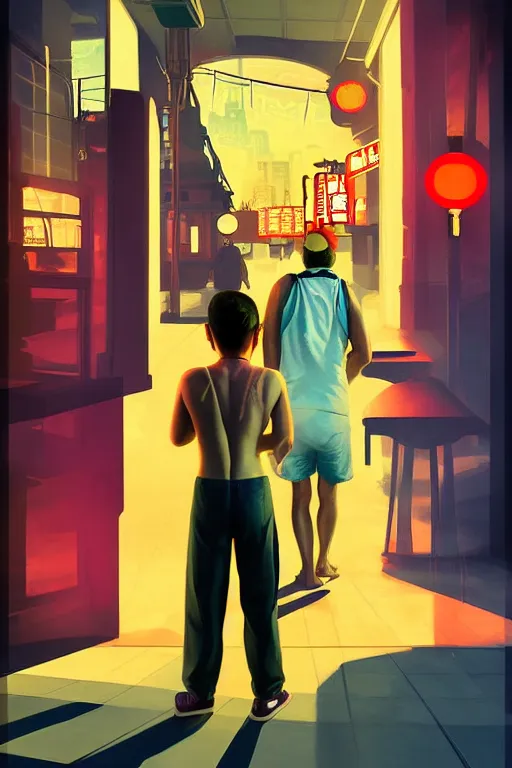 Image similar to boy with singlet and towel on shoulder. grand theft auto chinatown art city, bioshock art style pop art, no duplicate image, glowing lights, ultra details, digital painting, artstation, concept art, smooth, sharp focus, illustration, intecrate details, art by richard hamilton and mimmo rottela, pixels art by paul robertson