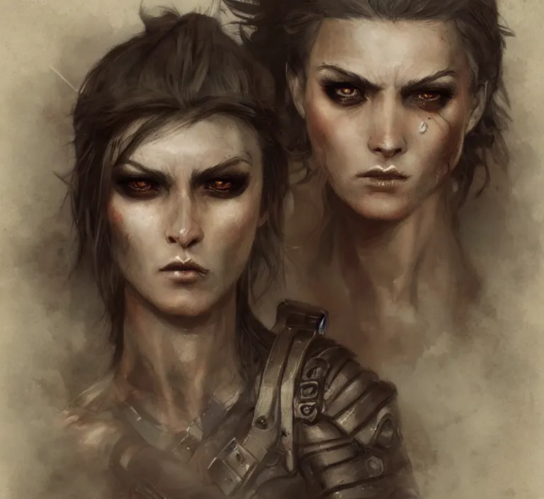 Image similar to a rugged female warrior in the style of tom bagshaw