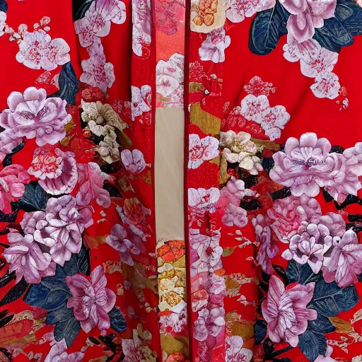 Prompt: floral crimson kimono, highly detailed, hyper intricate