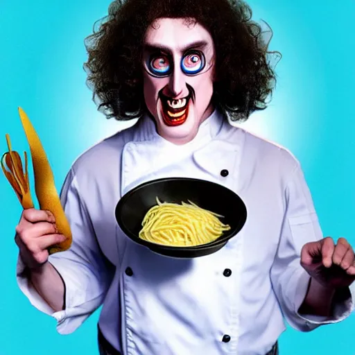 Image similar to a crazed weird al wearing a chef's hat and uniform with half of his lower body inside a bowl of alfredo, realistic, hyperrealistic, ultra realistic, real, real world, highly detailed, very detailed, extremely detailed, intricate details, 8 k resolution, hd quality