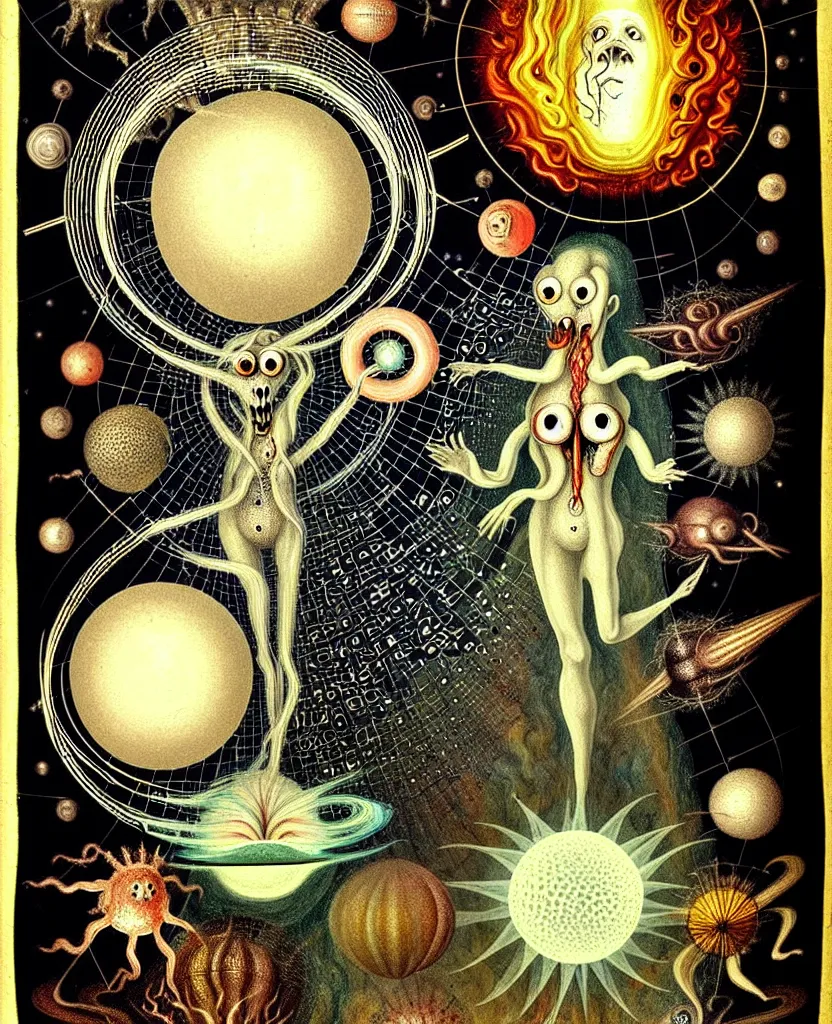 Image similar to whimsical freaky creature sings a unique canto about'as above so below'being ignited by the spirit of haeckel and robert fludd, breakthrough is iminent, glory be to the magic within, in honor to jupiter, painted by ronny khalil