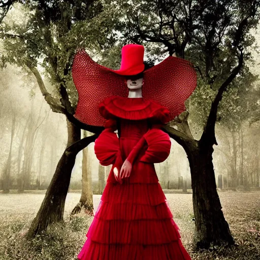 Image similar to Editorial photograph of a red Valentino Haute Couture dress and hat, photographed by Tim Walker