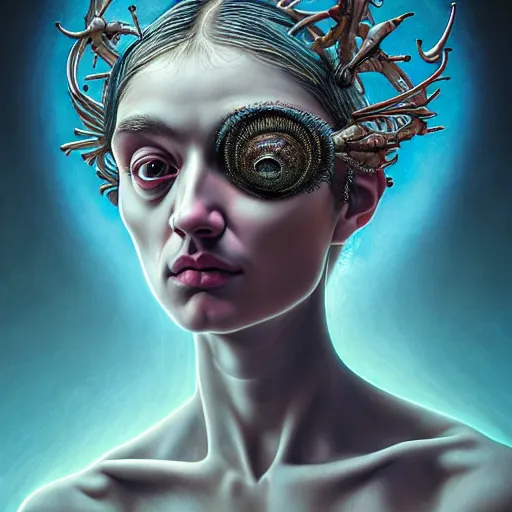 Image similar to Colour Caravaggio style Photography of Beautiful woman with highly detailed 1000 years old face wearing higly detailed sci-fi halo designed by Josan Gonzalez Many details. . In style of Josan Gonzalez and Mike Winkelmann andgreg rutkowski and alphonse muchaand Caspar David Friedrich and Stephen Hickman and James Gurney and Hiromasa Ogura. Rendered in Blender, volumetric natural light