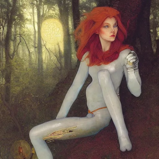 Image similar to beautiful female elf with auburn hair in a feminine spacesuit, aloof in the forest at dusk, by Edgar Maxence and Ross Tran and Michael Whelan and Gustav Klimpt