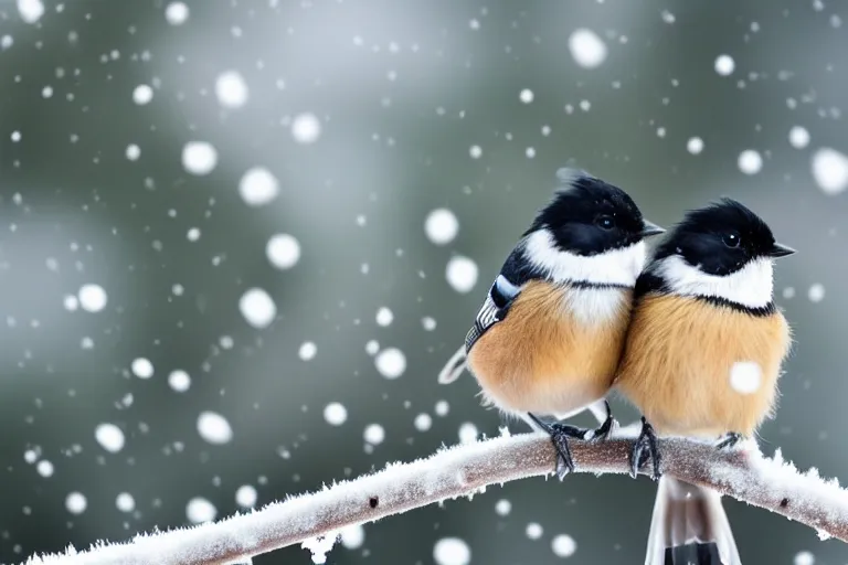 Prompt: a photograph of a pair of chickadees, sitting on the branch of a mountain ash tree, with red berries!!! and icicles, in the winter, snowing, gray sky with wispy clouds, macro lens, f / 1. 5