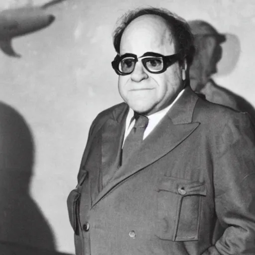 Prompt: archive photo still of Danny Devito in world war II